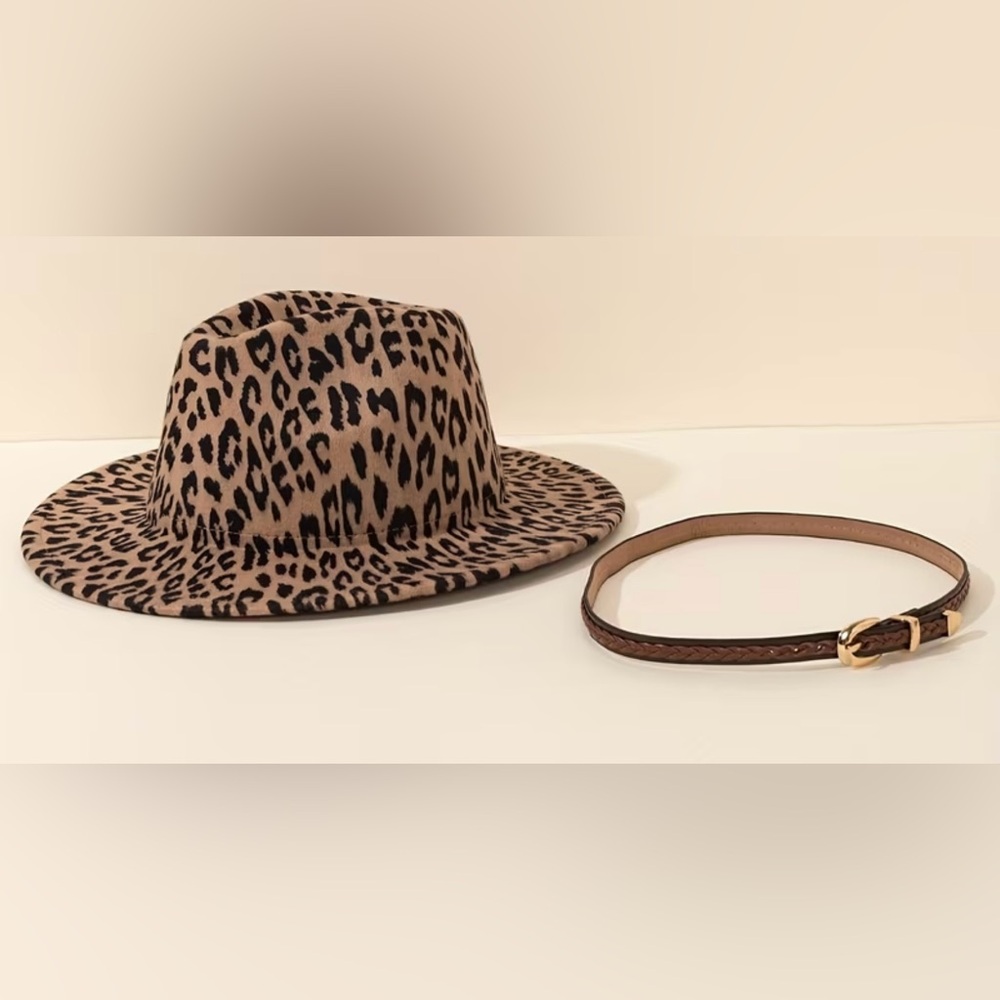 Leopard Print Wide-Brim Fedora Hat - Brown - Picture 5 of 6
